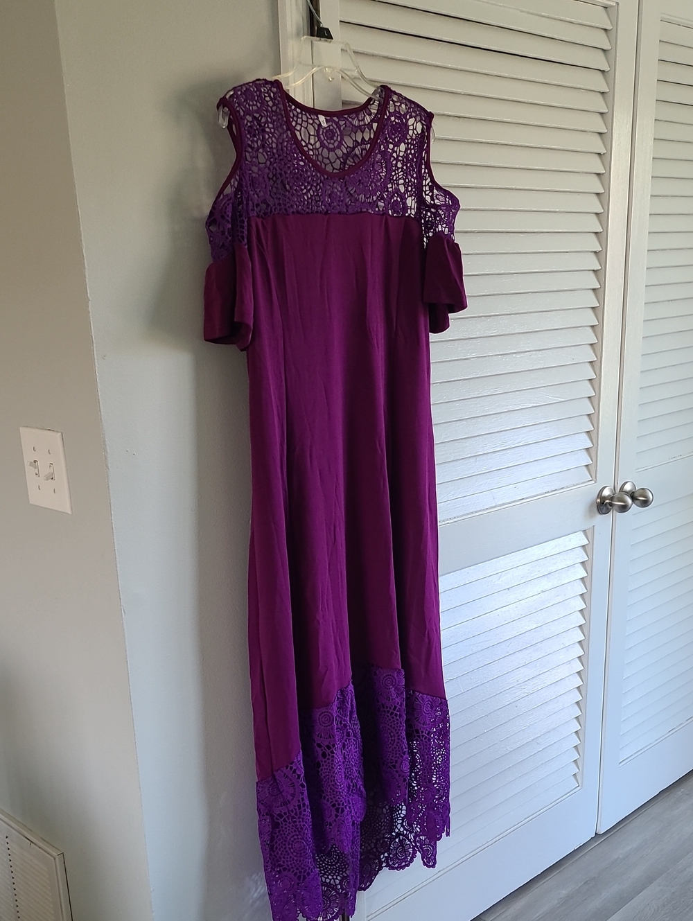 Purple Crochet Yoke Cold-Shoulder Maxi Dress